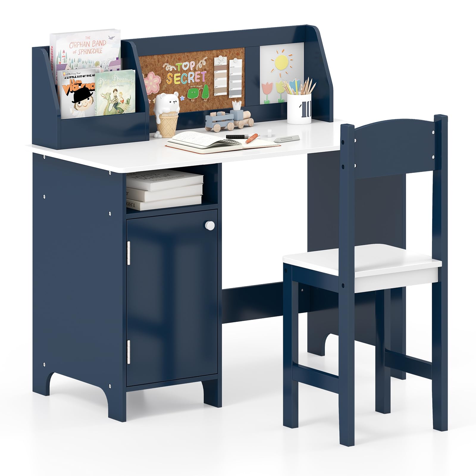 DREAMADE Bureau Enfant en Bois avec Chaise Ergonomique,Table d'Etude et Chaise Enfants avec Étagère,Tableau Blanc,Tableau d'Affichage,Marqueur,90x45x85,5CM (Bleu)
