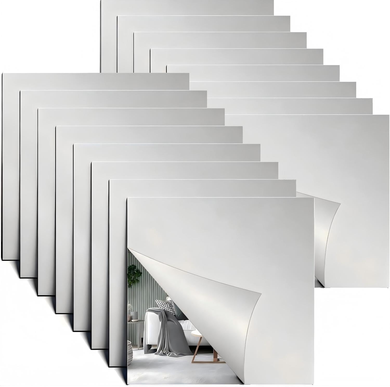 Flexible Mirror Tiles, 16 Pcs Acrylic Stick on Mirror Stickers 10x10cm, Shatterproof Self-Adhesive Mirrors for Wardrobe Doors, Bathroom, Bedroom, Wall, DIY Decorative Tiles