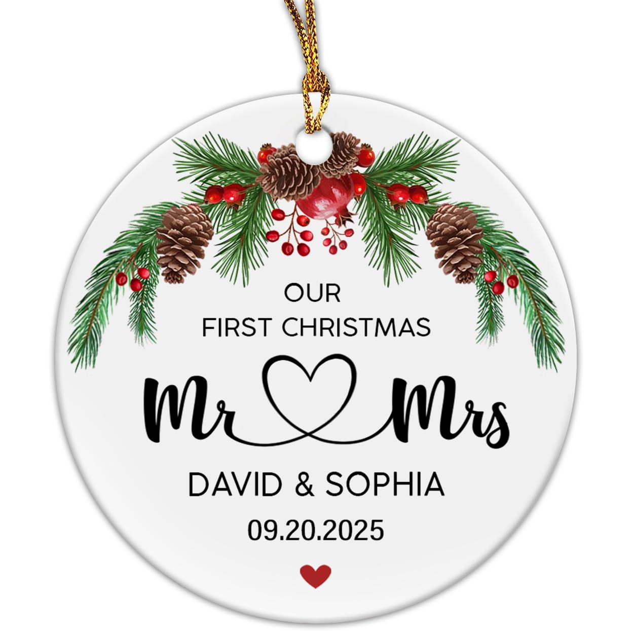 OR534 Personalized Our First Christmas Married Ornament 2025, First Christmas Married As Mr and Mrs for Couples Wedding Wife Husband Circle Ornament