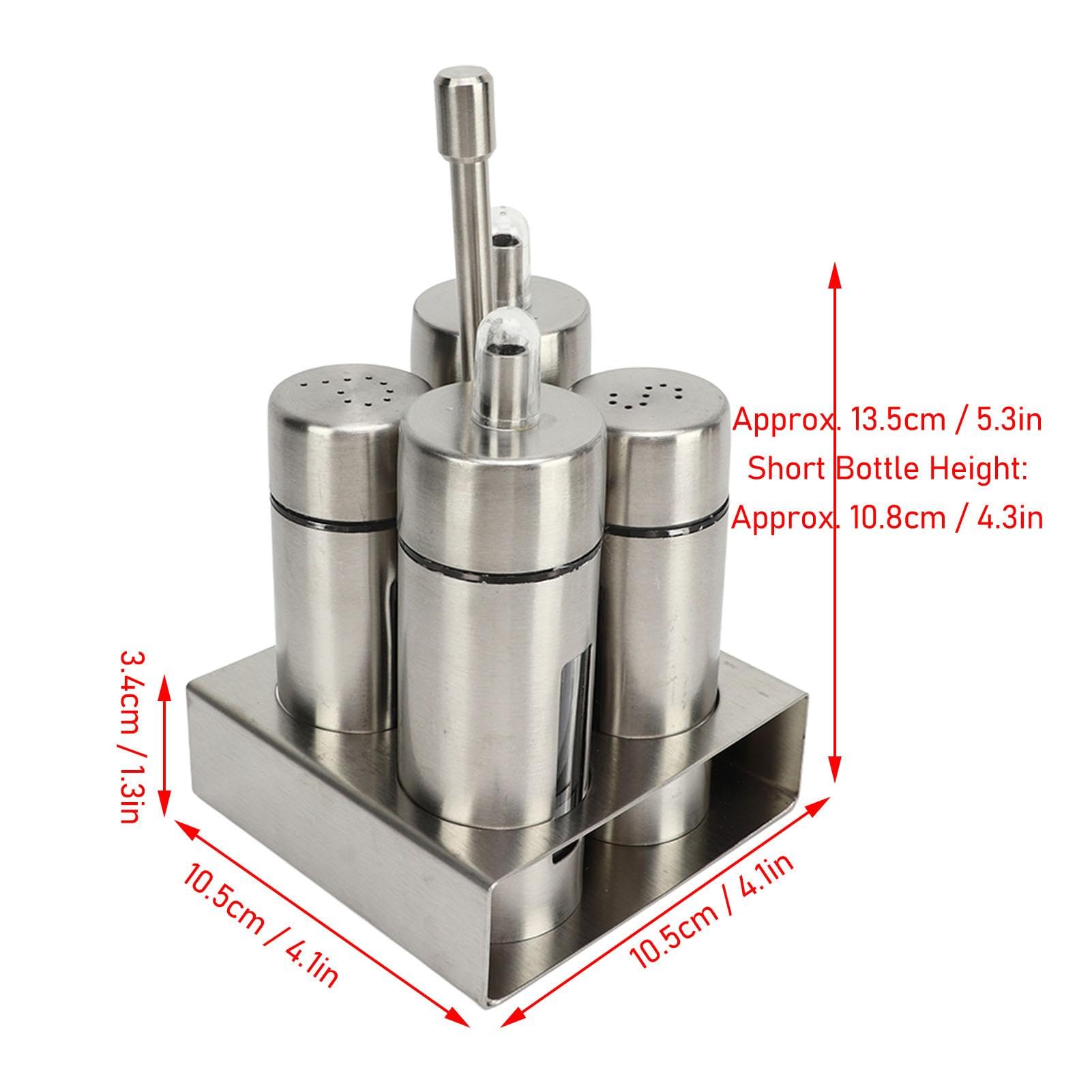 Nikou Set de Aceite y Vinagre, Salero y Pimentero, Acero Inoxidable Juego de 4 Botellas de Vinagre y Aceite, con Estante para Especias, Tarros de Especias para Cocina, Restaurante, Barbacoa