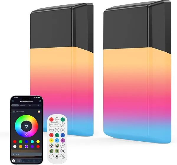 Outdoor Wall Lights RGB, 1500LM Smart Exterior Porch Sconces Wall Mounted Lighting, IP65 Waterproof, DIY Lighting for Garden, Garage and Patio - Ideal for Festivals The Christmas and Parties, 2 Pack