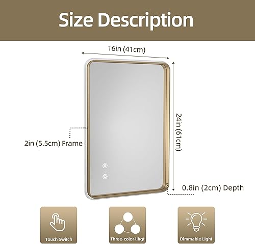 Miniatura 7 de Vosuja Espejos de baño dorados de 24 x 36 pulgadas para pared, espejos de pared con marco de metal de aleación de aluminio que no se oxida, vidrio