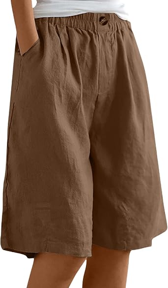 Linen Bermuda Shorts for Women Knee Length Long Short Casual Elastic Waist Wide Leg Summer Beach Culottes with Pocket