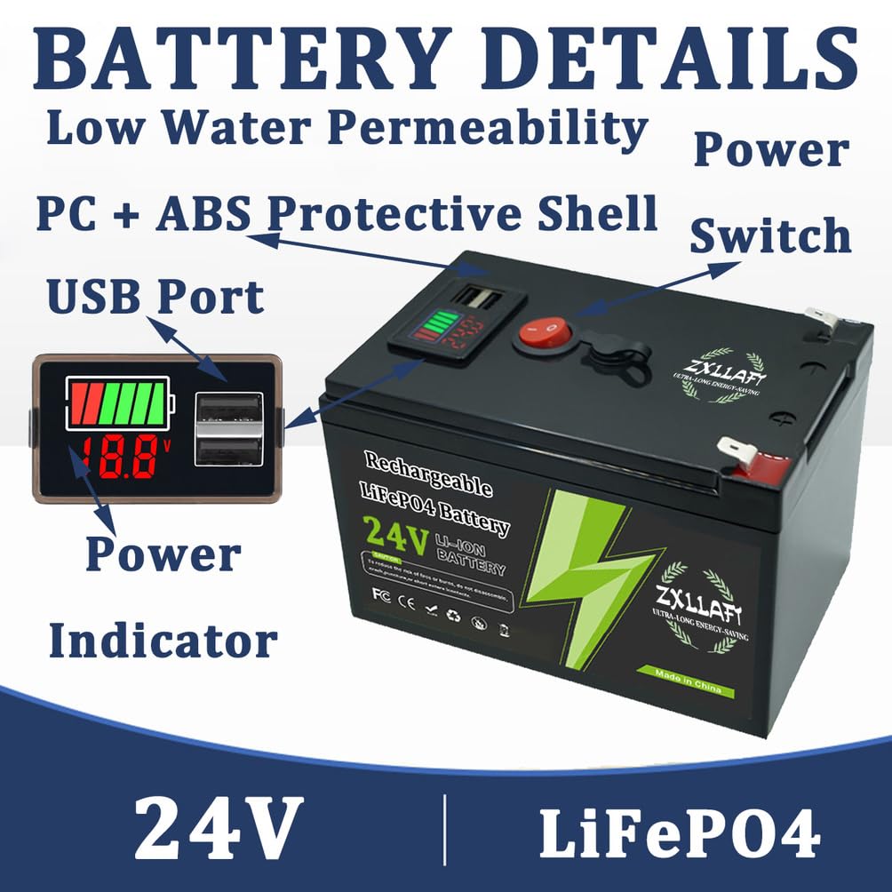 Batteria LiFePO4 24V 10Ah 8Ah Batteria al Litio 12Ah Batterie Ricaricabili 24V Batterie solari per Alimentazione di Backup con Porta USB e BMS per Motore da 100W a 300W,24v12ah