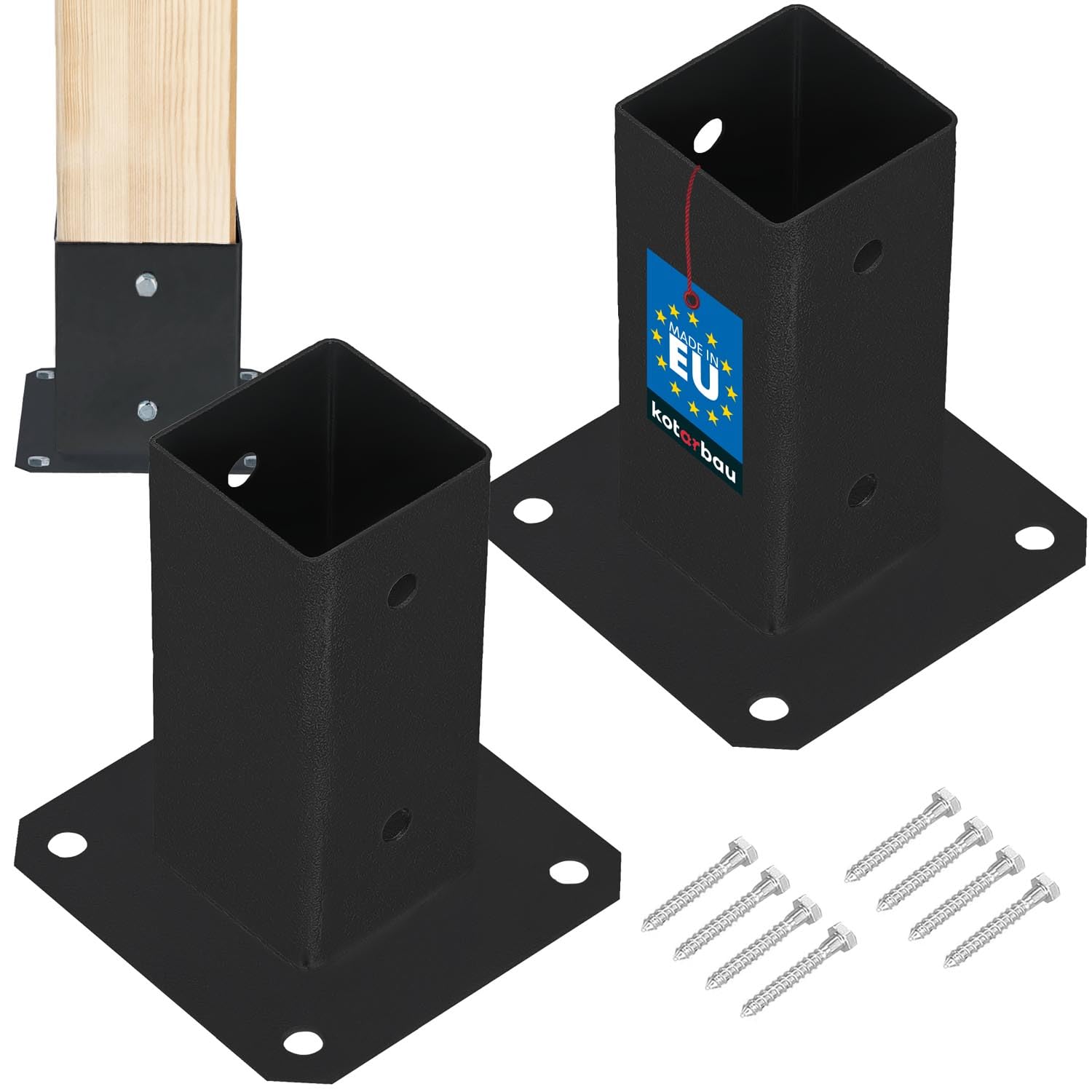 KOTARBAU® 2 pcs Fence Post Support - Post Base - Powder Coated Steel - 60x60 mm (2.36x2.36 in) - Black - Bolt Down Support - Heavy Duty - for Wooden Beams - Weather Resistant