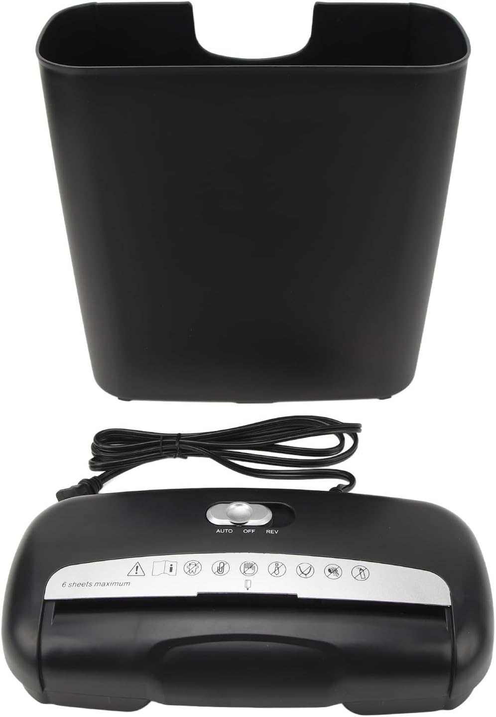 Components of the Fockety Electric Strip Cut Paper Shredder: shredder head, waste bin, and power cord