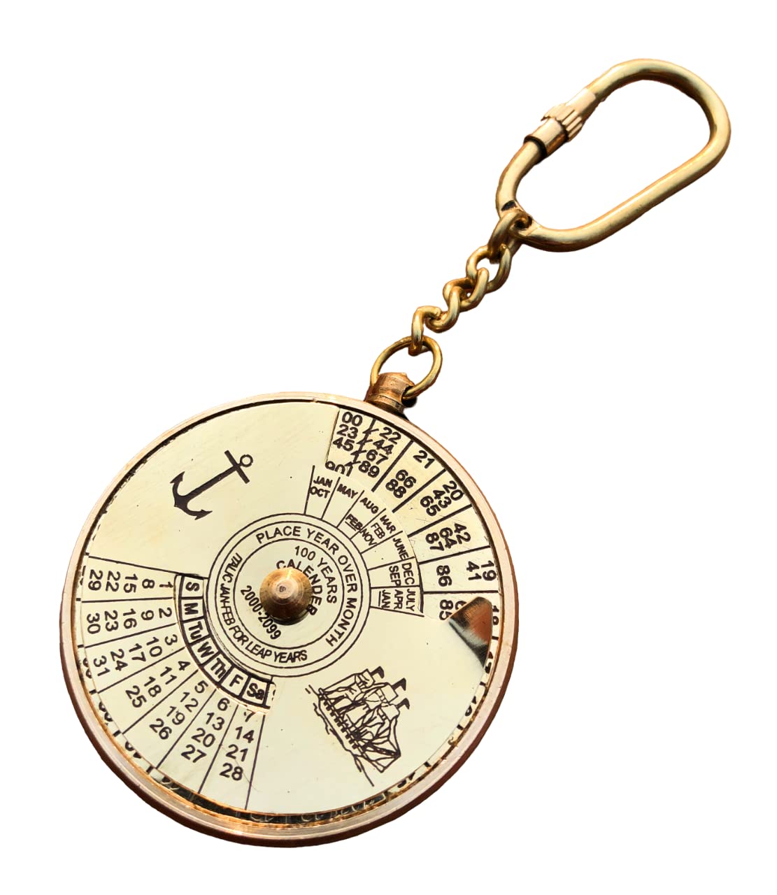 Nautical 100 Years Perpetual Calendar & World Timer Keychain Brass Keychain Key Ring