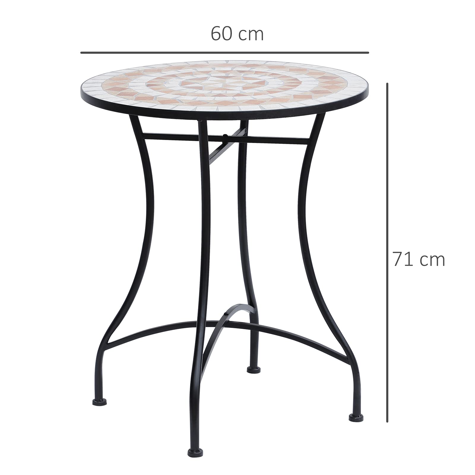 Outsunny Gartentisch Mosaiktisch Balkontisch Beistelltisch Seviertisch rund Stahl + Keramik Orange + Weiß Ø60 x H71 cm