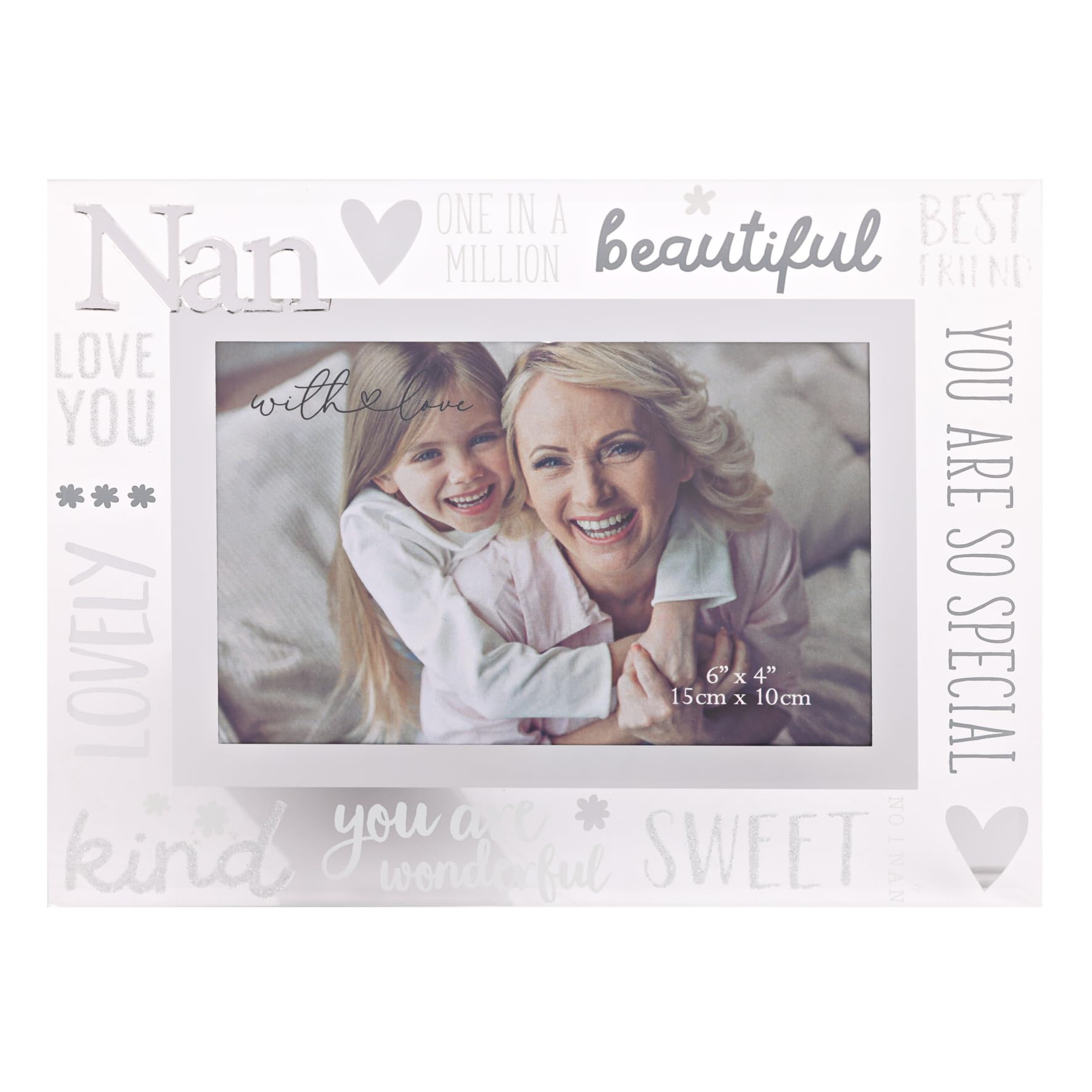 Widdop And Co Silver With Love - Glass Picture Frame 3D - Nan - 6" X 4" - Horizontal Single Aperture Free-Standing Easel Back - Memories, Keepsake, Mum, Dad & Kids, Home Gifting & Homeware - H: 22 X W: 17Cm.