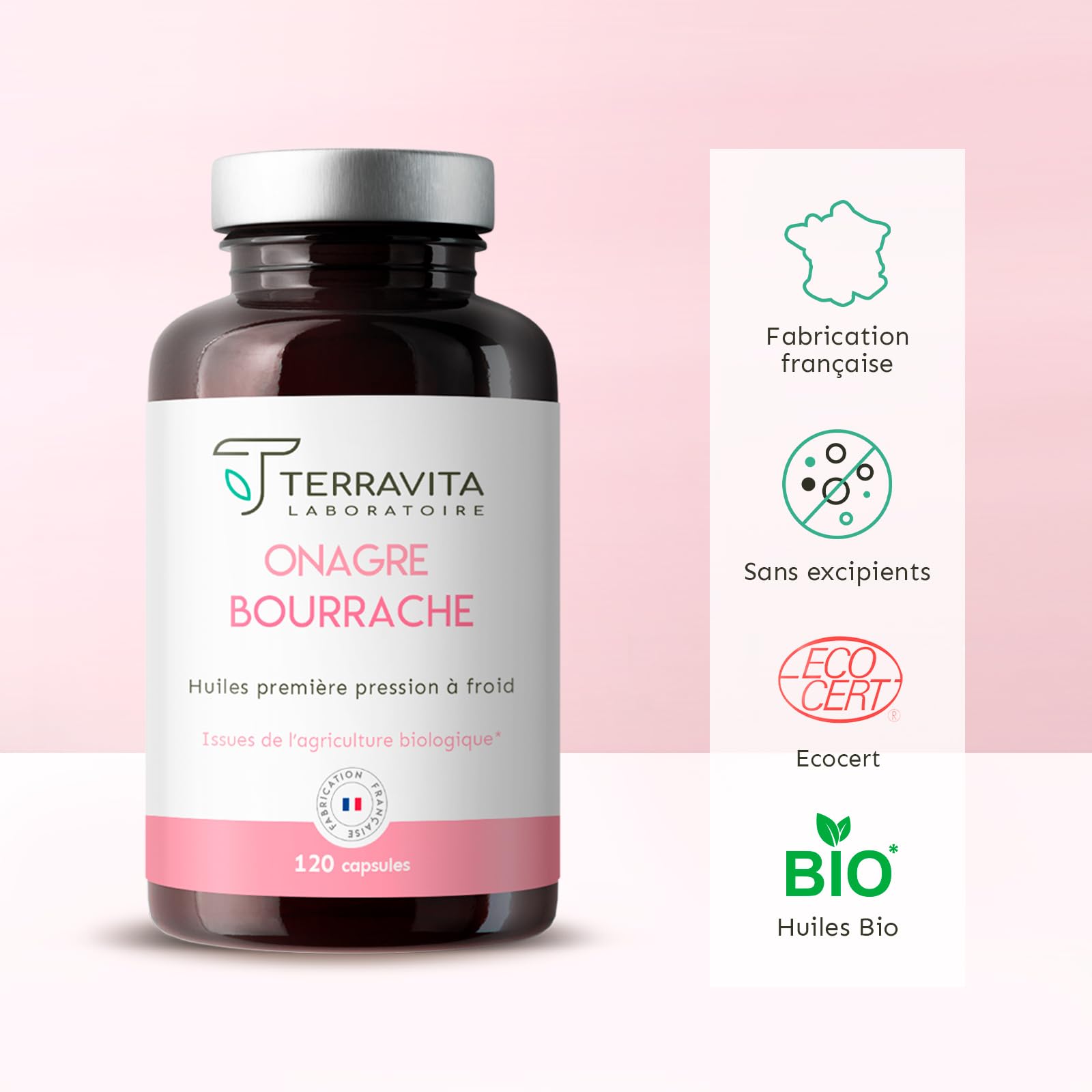 ONAGRE et BOURRACHE | Huiles BIO Première Pression à Froid | 120 Capsules de 500 mg | Hydratation de la Peau en Profondeur | Régulation du Système Hormonal | Label Ecocert | Made in France | Terravita