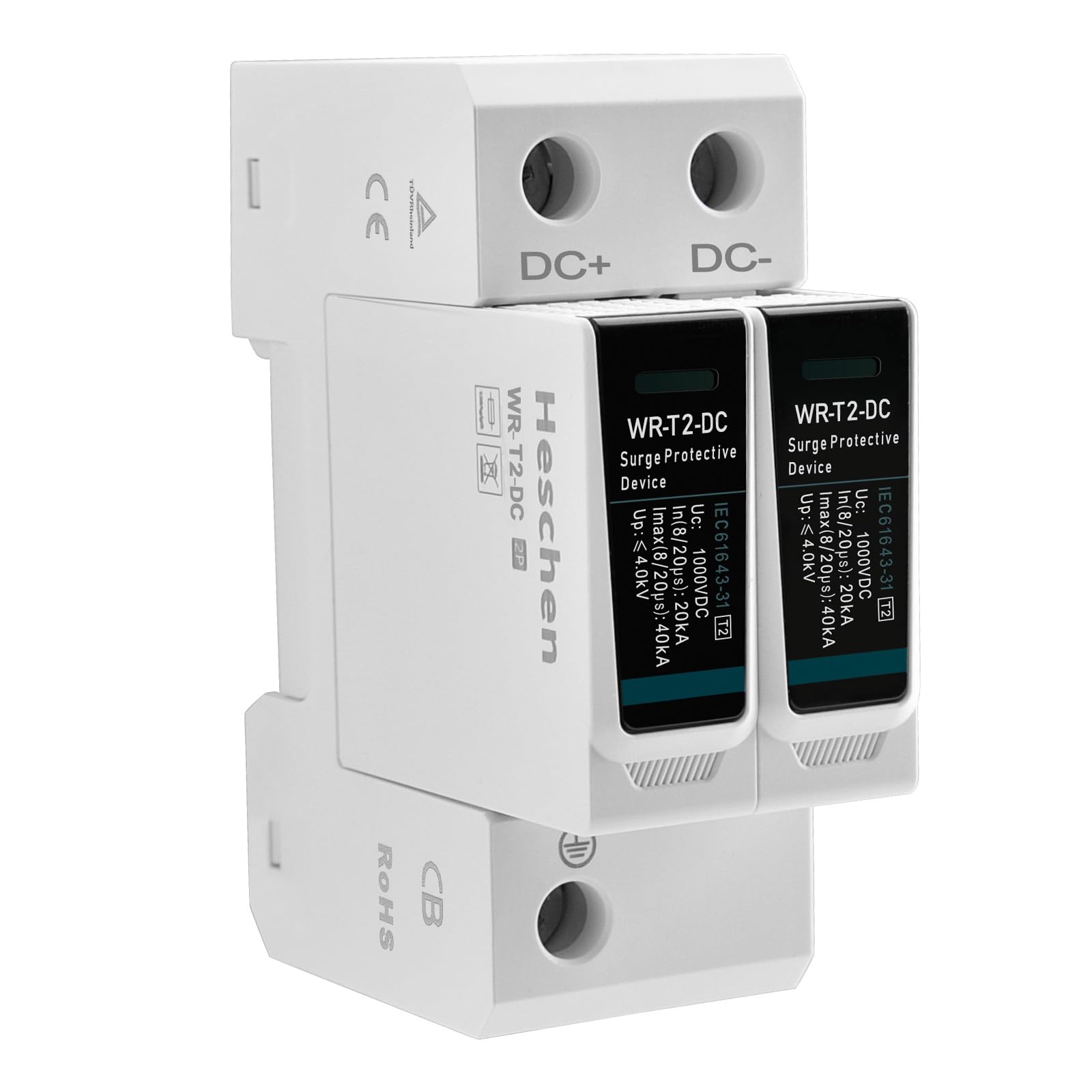 Heschen DC Surge Protection Device for PV, WR-T2-DC, 2P 1000VDC 20kA, T2 Type, Flame Retardant, 35mm DIN Rail Mount, TUV CB Approved