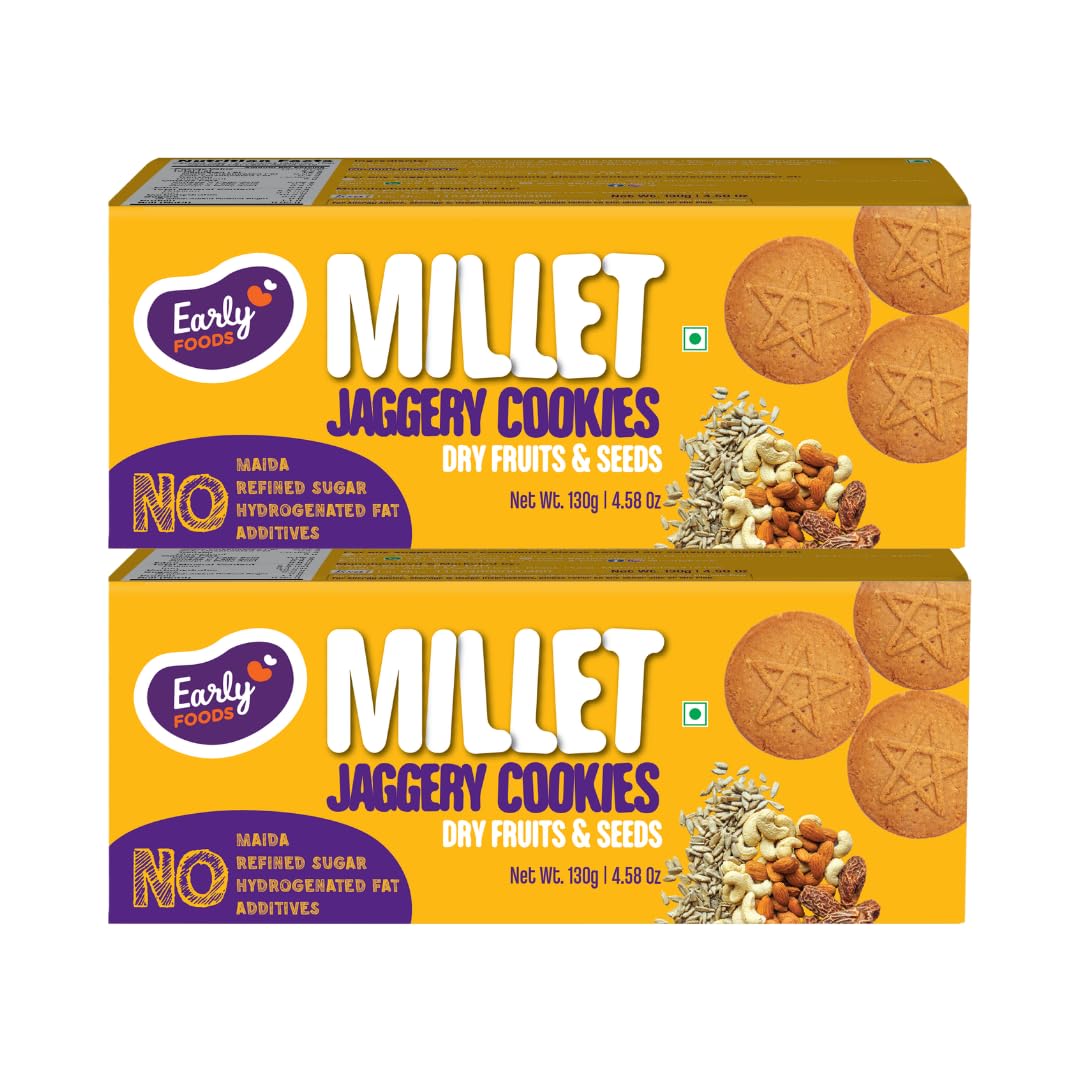early foods - no maida no white sugar - pack of 2 dry fruit jaggery cookies | kids snack | sugar free biscuits for kids & adults | dry fruit biscuits | no preservatives | school tiffin snack 130g