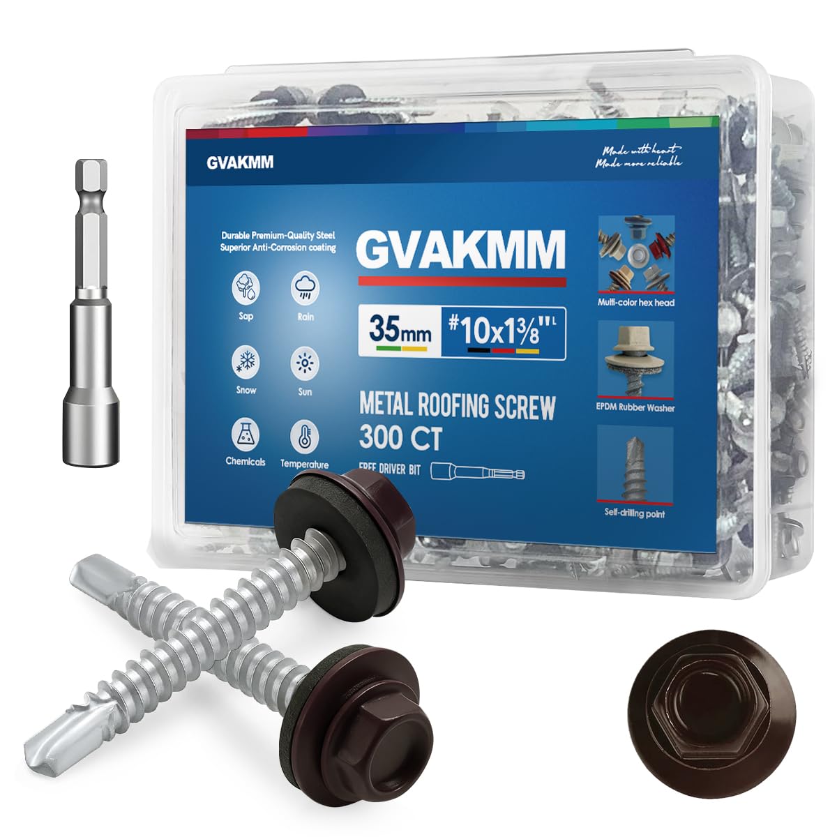 GVAKMM 300Pcs 4.8 x 35mm Brown Metal Roofing Screws, 8mm Hex Colored Head Self-Drilling Metal to Wood Siding Fasteners, in Reusable Storage Case, 8mm Hex Driver Bit Included
