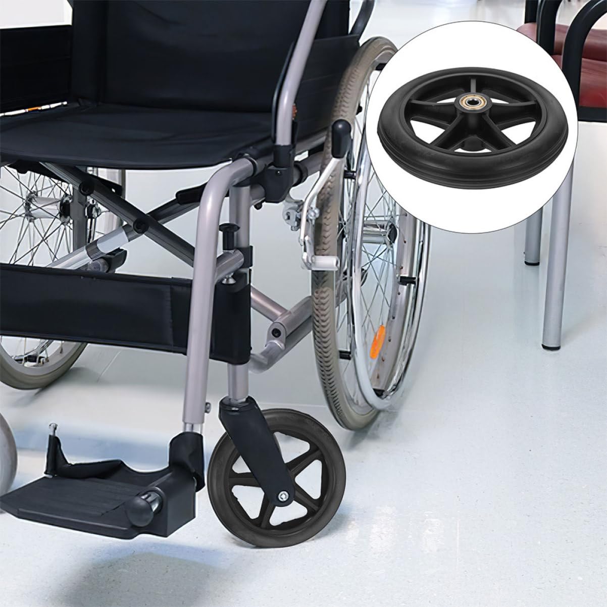 Rueda Delantera para Silla de Ruedas Negra, Repuesto 4 Piezas | Acero Inoxidable, Plástico y Goma, Instalación Sencilla, Mantenimiento Práctico