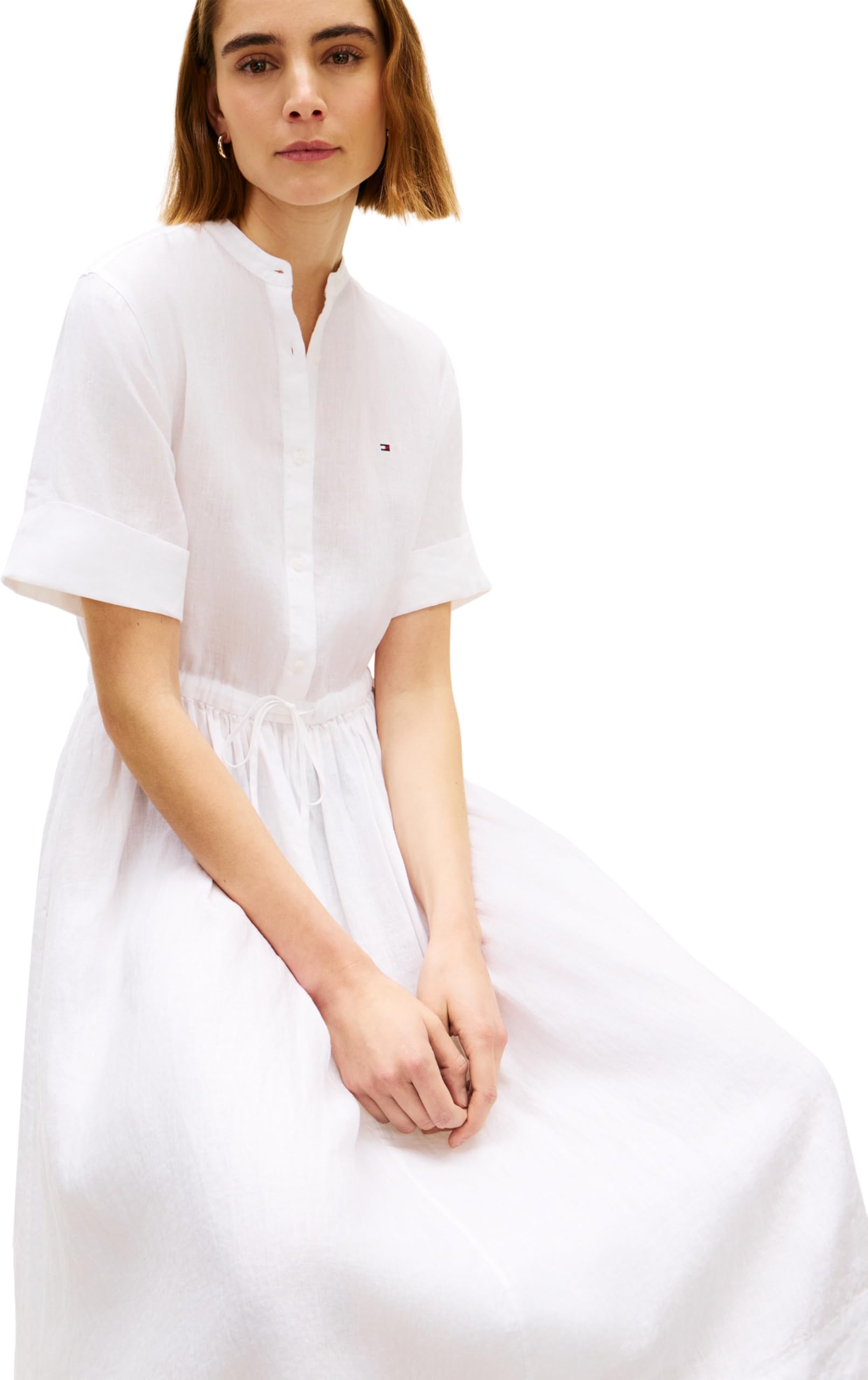 Tommy Hilfiger Women's Ess Linen Midi Ss Shirt Dress WW0WW49633, White, S