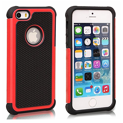 AGRIGLE AB669656 Shock- Absorption/High Impact Resistant Hybrid Dual Layer Armor Defender Full Body Protective Cover Case Compatible with iPhone 5/5S/SE (Black Red)