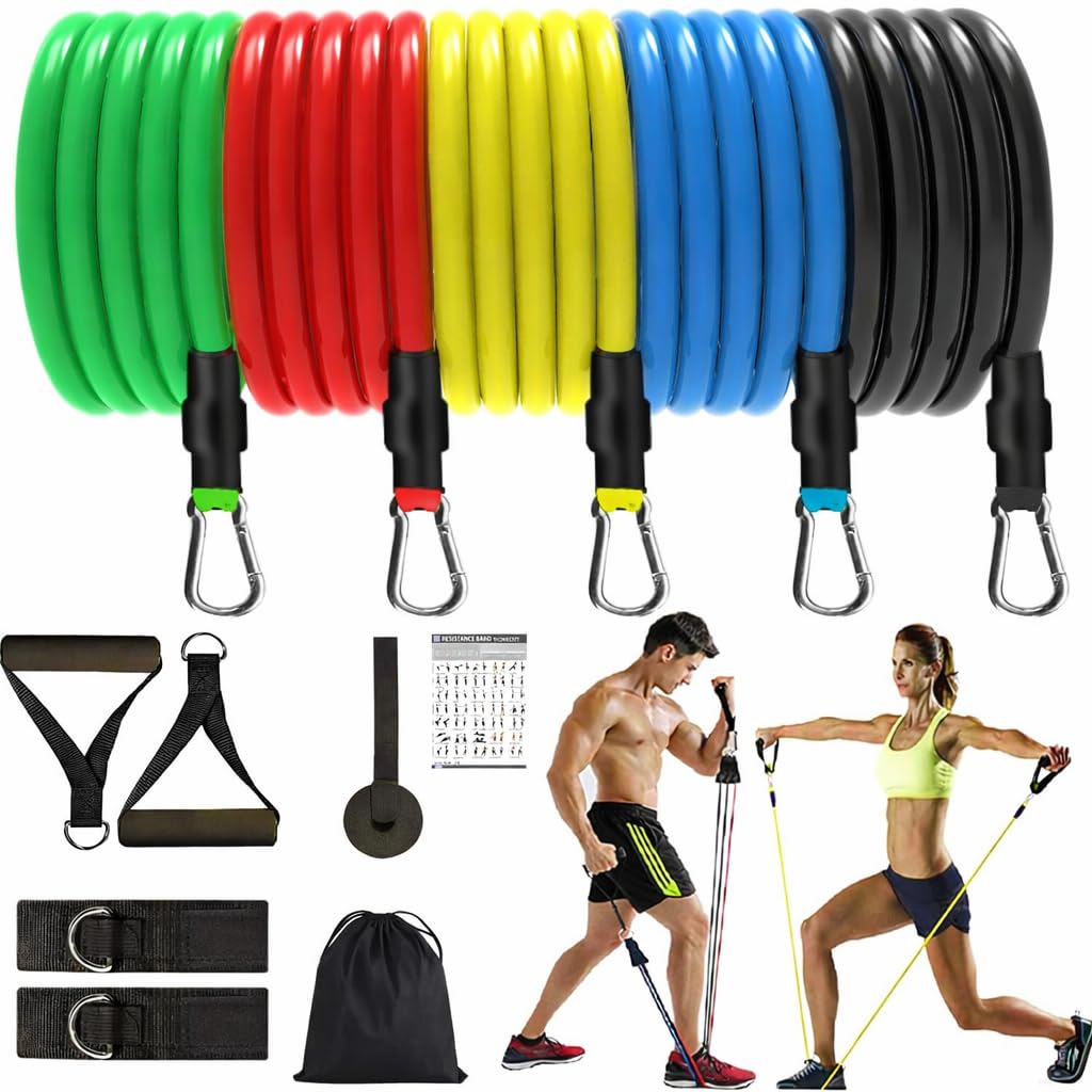 Resistance Bands Set for Workout 11 Pcs (100 lbs) Exercise Band Set with Handles, Door Anchor & Ankle Straps for Home Gym, Strength Training, Yoga & Full Body Fitness