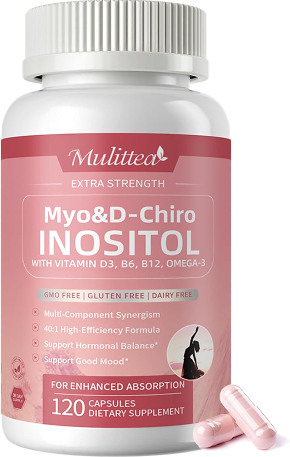 Mulittea Myo-Inositol & D-Chiro Supplement for Women - 14-in-1 Liposomal Inositol with Folic Acid,Omega-3 & Multivitamin for Hormone Balance,Support Ovarian,Skin & Mood- 40:1 Vegan 120 Capsules 120 Count (Pack of 1)