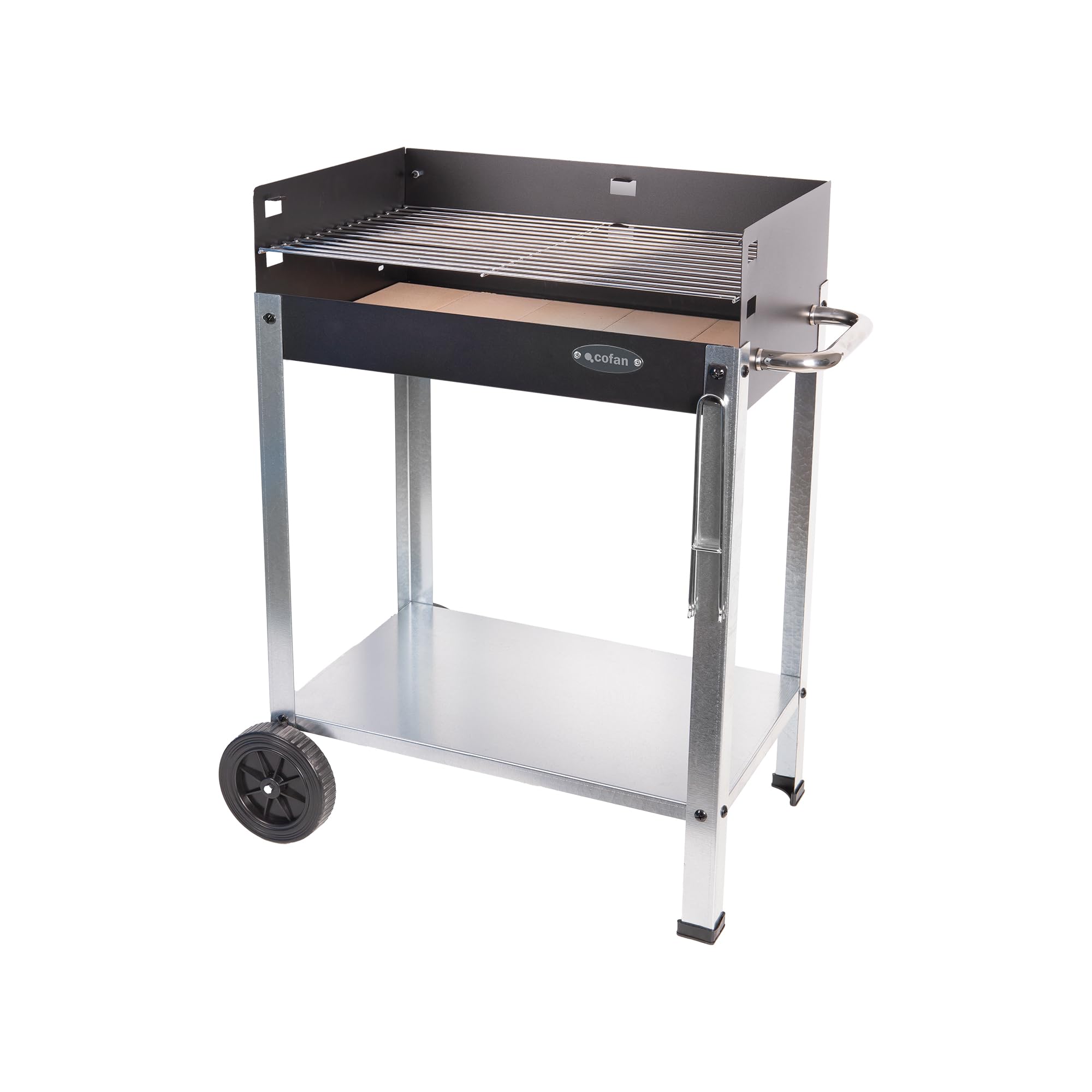 Cofan Barbacoa de carbón con ruedas | Parrilla ajustable | Con ladrillo refractario y asa lateral | Fácil transporte | Gran superficie de asado | Medidas: 56,7 x 36 x 83 cm