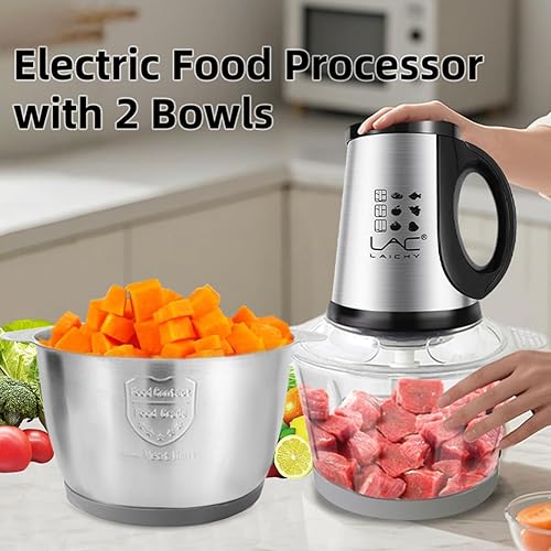 Vista 3 de Procesador de alimentos, picadora de carne pequeña, potente picadora de alimentos de 300 W, picadora eléctrica de verduras con 2 cuencos