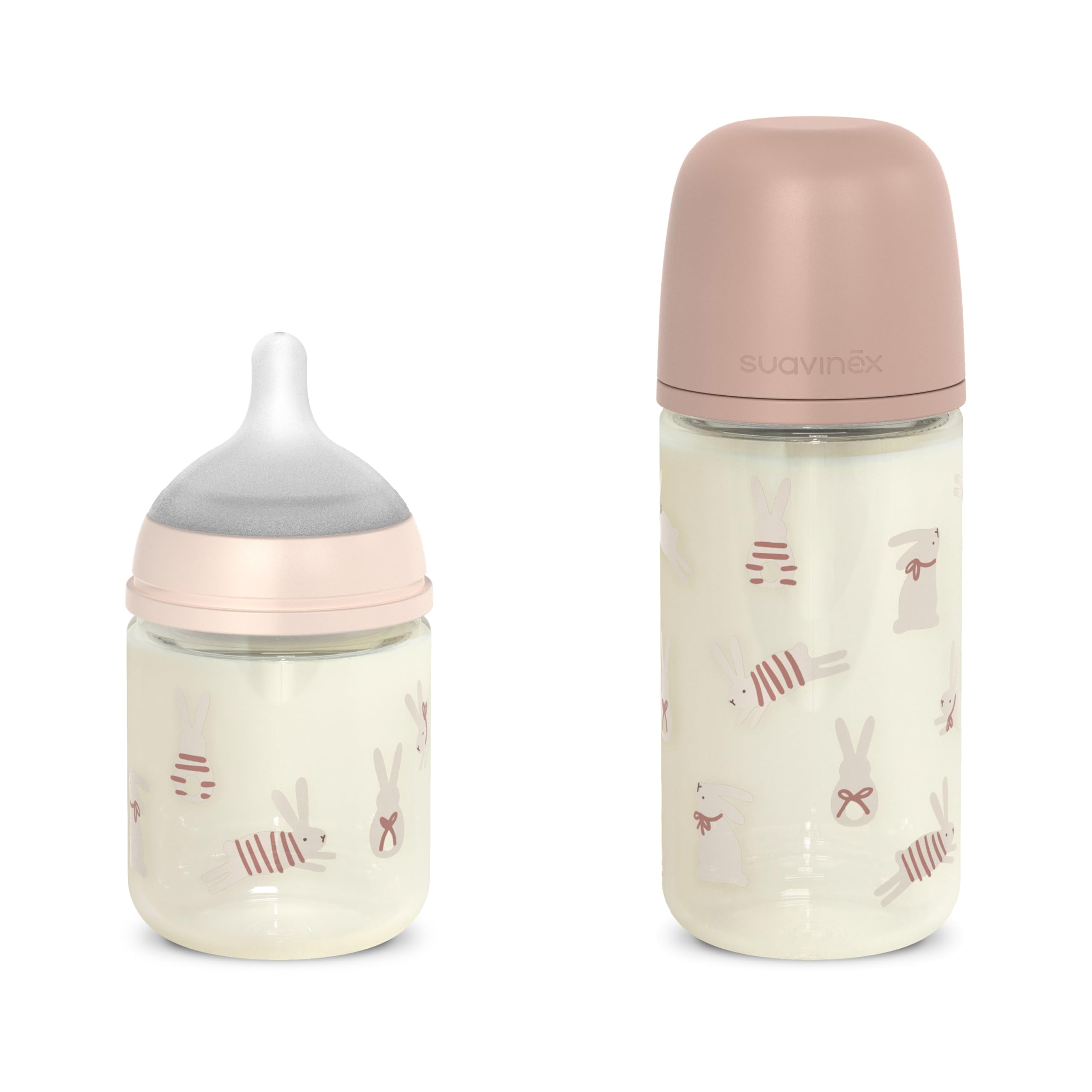 Suavinex, Confezione da 2 biberon in vetro, tettarella in silicone SX Pro con valvola anticoliche, biberon da 120 ml a flusso lento (S) + biberon da 240 ml a flusso medio (M), +0 mesi, Wonder Rosa