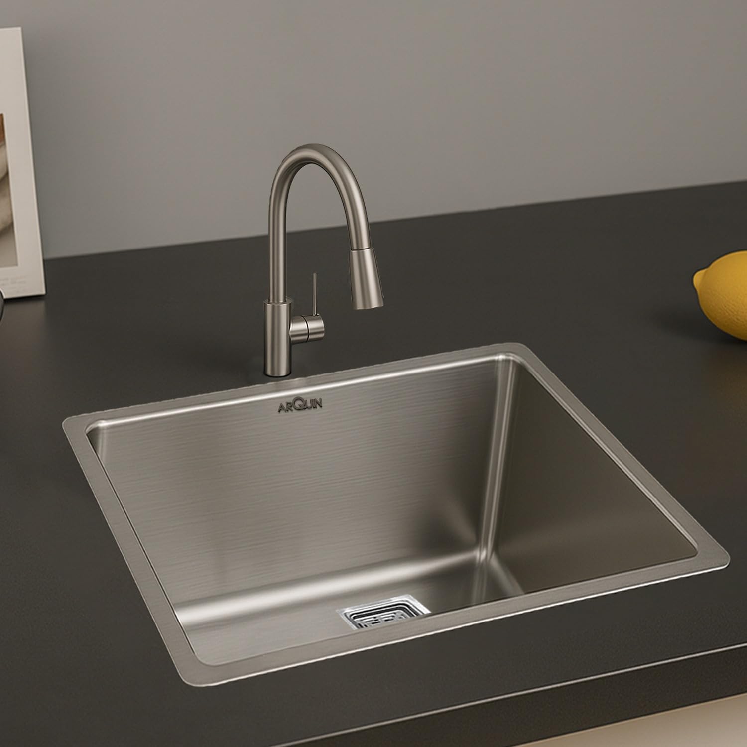 ARQUIN Kitchen Sink 18x16x10 Inch Handmade Single Bowl Premium Stainless Steel Sink | Matt Finish Including Coupling, Waste Pipe, Fruit Basket