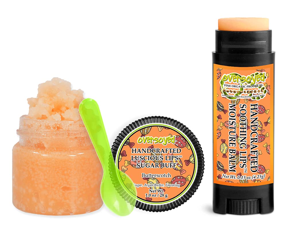 Butterscotch Soothing & Luscious Lips by OverSoyed Exfoliator & Chapped Lip Repair Lip Care Combo | Artisan Handcrafted to Order Butter Rum Caramel Brown Sugar Sweet Vanilla Flavored Exfoliating Sugar Lip Scrub & Lip Moisturizer Balm Gift Set