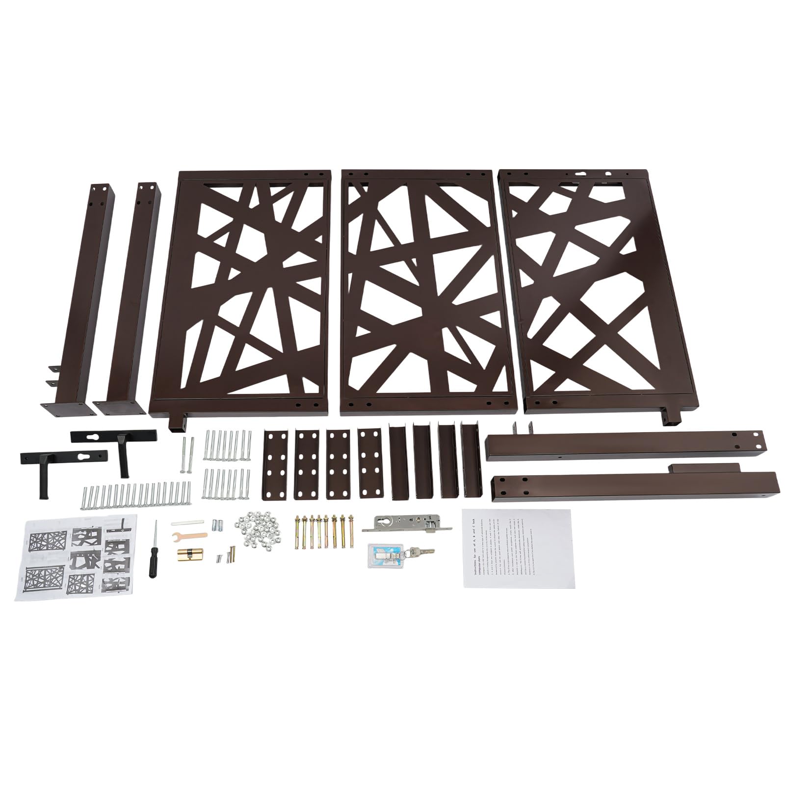 Cancello da giardino, 105 x 150 cm, doppia colonna, in metallo, con 7 chiavi e angolo di chiusura a 180°, per magazzini, giardini, cortili interni (marrone)