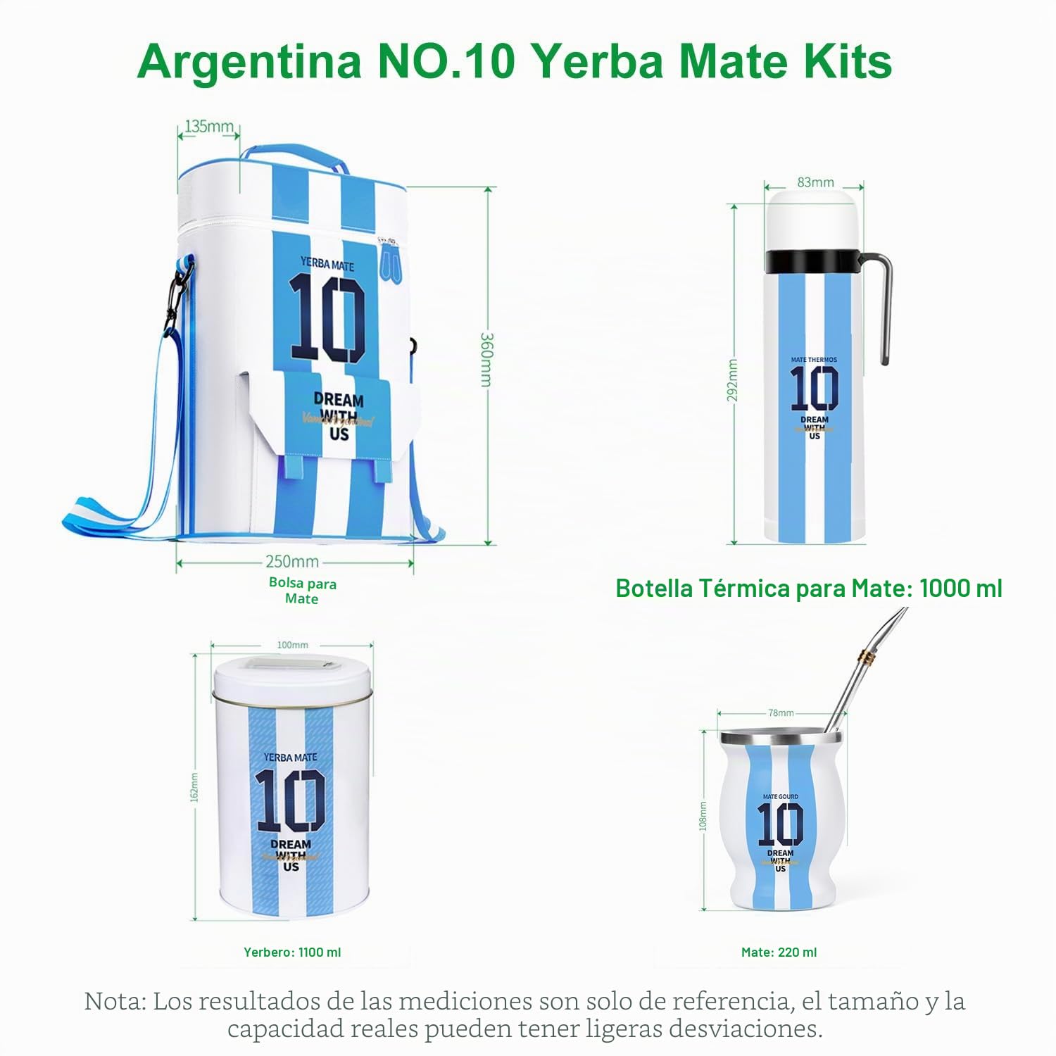 Kit completo para Yerba Mate – Incluye taza premium Argentina Captain NO.10 Mate, Bombilla (paja), botella térmica de 1000 ml, bolsa Matera, recipiente Yerbero, filtro de té y set de barba