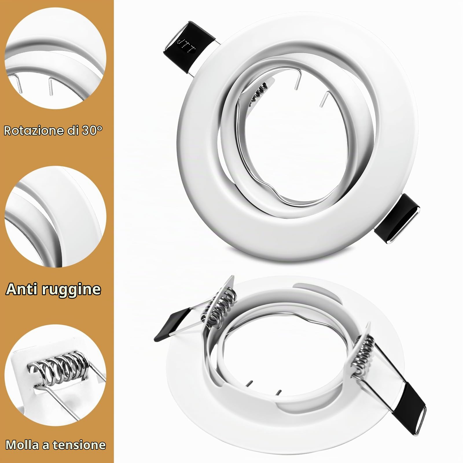 Set da 20 Portafaretto da Incasso Rotondo Bianco GU10 | Cornice faretto incasso cartongesso, orientabili a 30°, Ø 68-80mm. Incl. portalampada GU10. Per 50mm LED e alogeno.