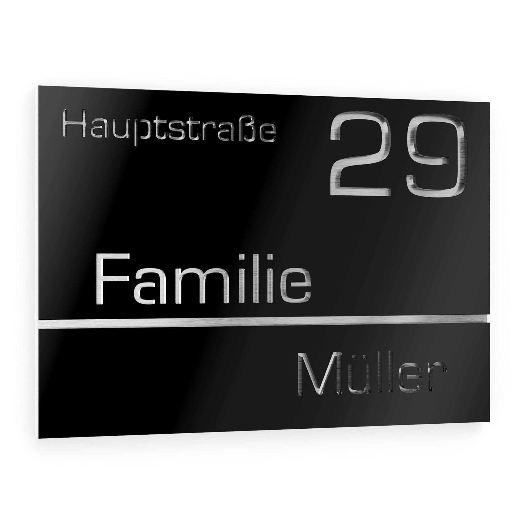 Numero civico personalizzabile in vetro acrilico + acciaio inox V2A 250 x 175 mm Nero, Resistente alle intemperie, Antiruggine, Targa per porta d’ingresso, Made in Germany