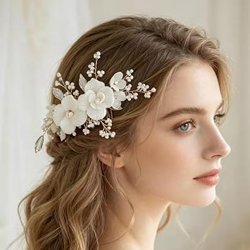 Handmade Ceramic Floral Bridal Hair Comb Gold Silver 2 Tone Wedding Pearl Hair Accessories for Bride