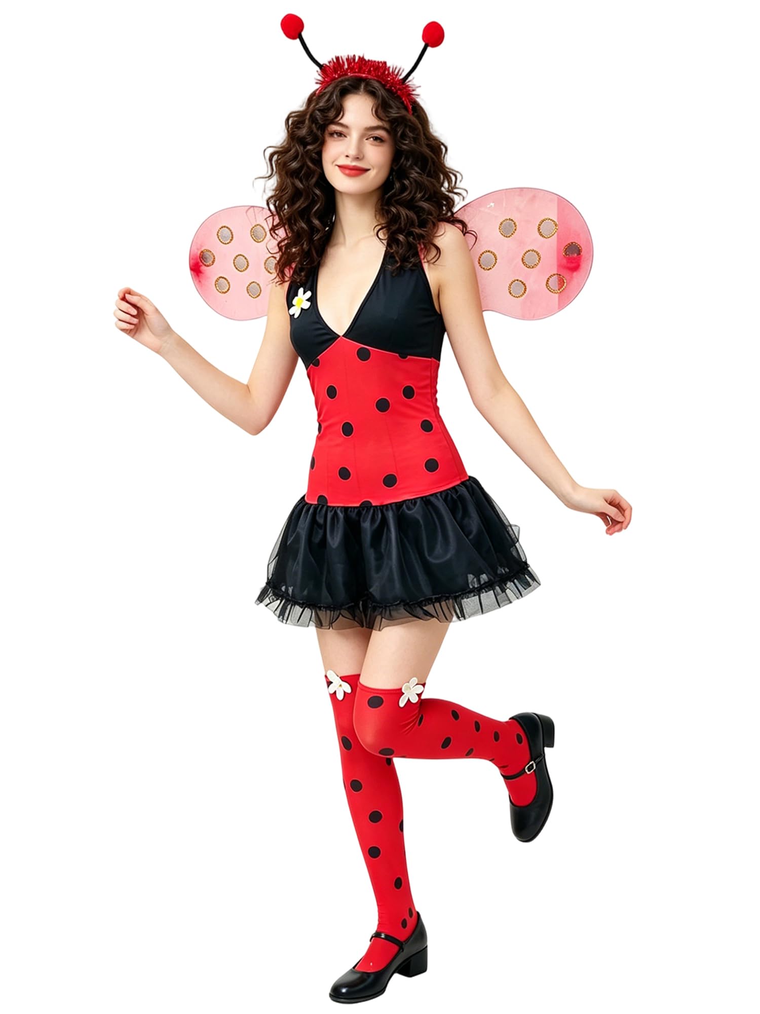 Lshyuehao Halloween Bumble Bee Costume for Women Ladybug Cosplay Dress with Wings (K7-Red, M)