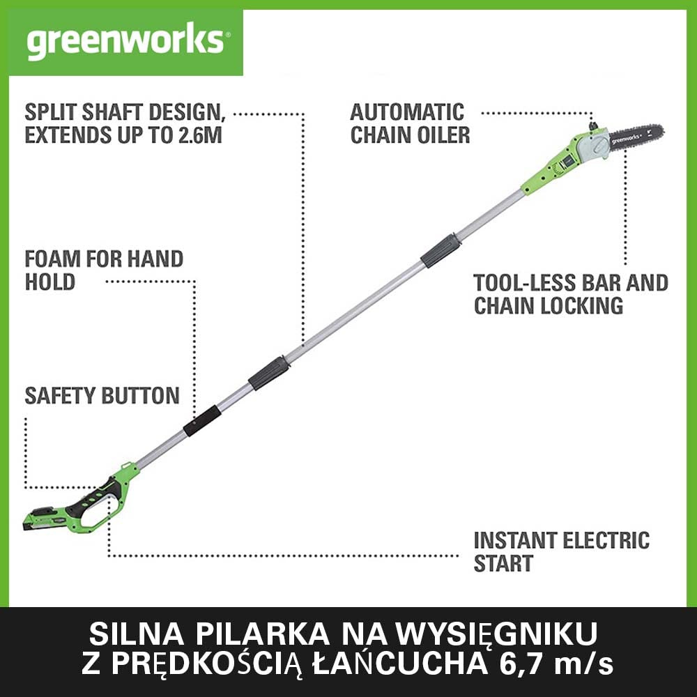 Greenworks G24PS20K2 Akumulatorowa Pilarka na Wysięgniku, Ostrze 20cm, Szybkość Cięcia 6,7m/s 3,2kg, Automatyczna Olejarka, Zbiornik Oleju 50ml, Zasięg 2,6m Bateria 24V 2Ah i Ładowarka