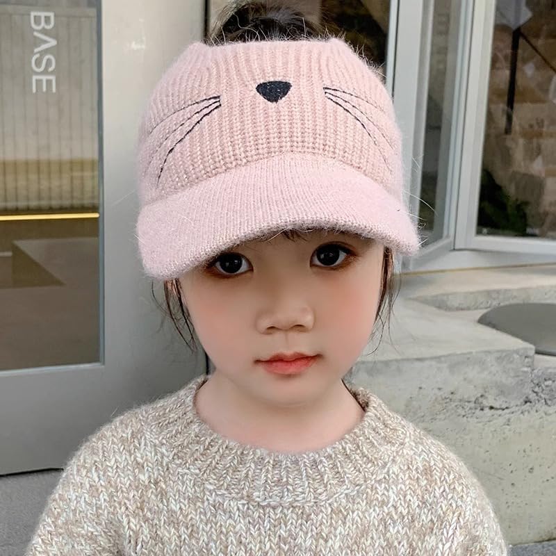 Messy-Bun Ponytail-Knit-Visor Beanie-Hat for Littles Girls 2 to 7 Years Outdoor Warm Basball-Cap2