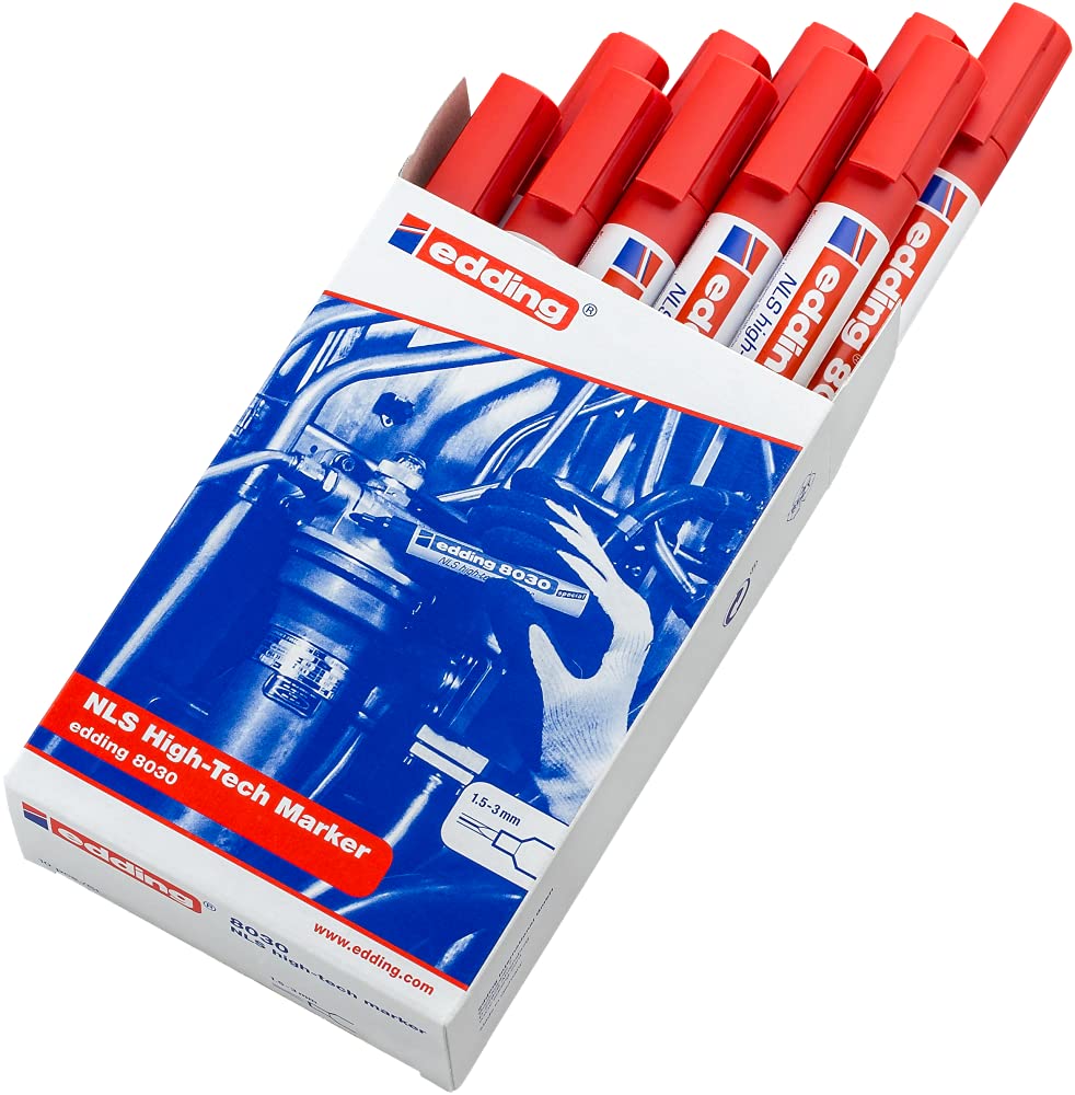 edding 8030 NLS High-Tech Marker - rot - 10 Stifte - Rundspitze 1,5-3 mm - Rostfreier Marker zum korrosionsarmen Markieren - für Stahl, Metall, Eisen, Aluminium
