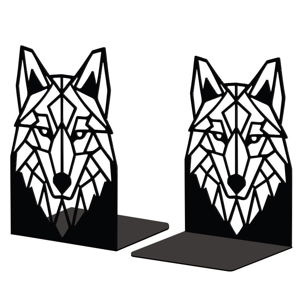 Peacoblue Metal Bookend Stopper Holder Stand for Shelves Decorative 5.3"x4.3"x7.5" Modern Creative Heavy Duty Study Book End for Desk Shelf 1 Pair (Geometric Wolf Head)
