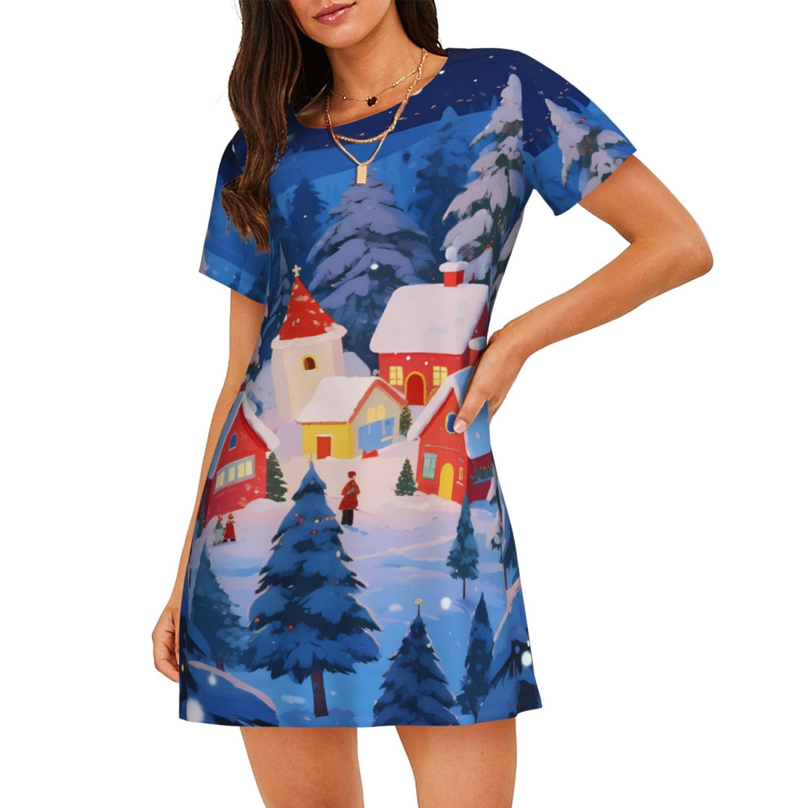 Zelinge Women's Christmas Trees Snow Nightgowns ’S Nightshirt Soft Nightdress Soft Sleepwear S-3Xl, 3XL