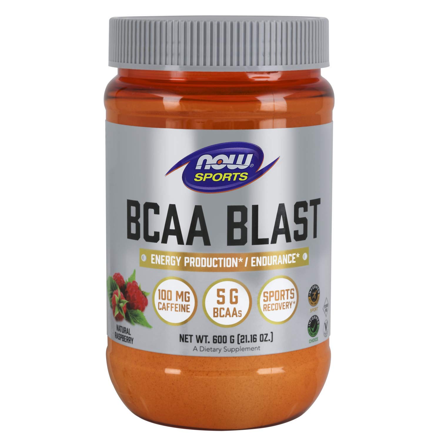 NOW Sports Nutrition, BCAA Blast Powder, 5 g BCAA, 100 mg Caffeine, Raspberry, 600-Grams