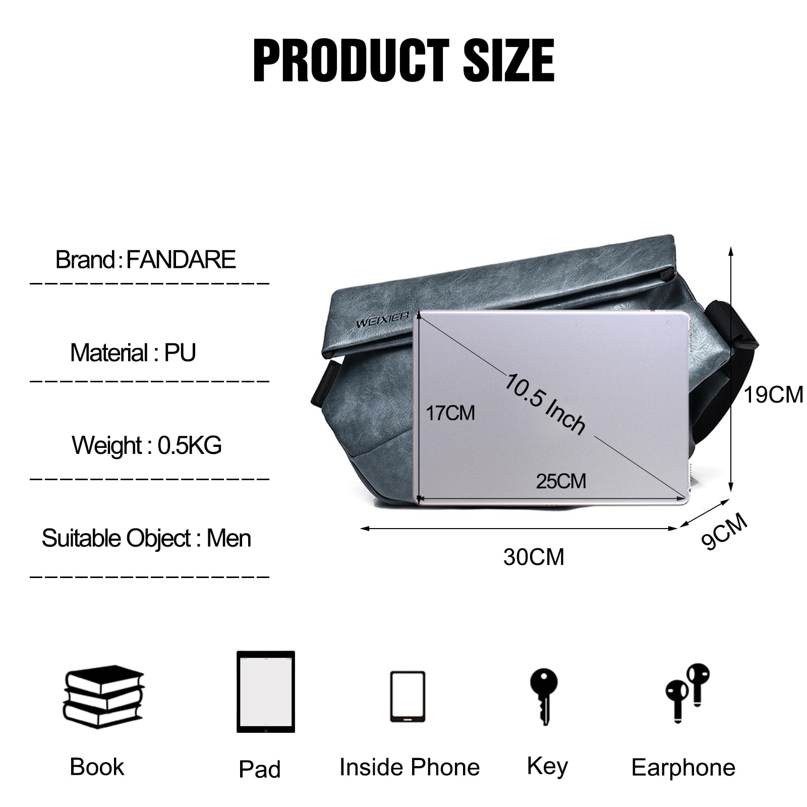 FANDARE Sling Bag Men Chest Bag PU Leather Shoulder Bag Ultralight Chest Crossbody Bags Vintage Waterproof Small Backpack for Outdoor Work Hiking Running Sport Business Travel Bag Grey - Image 3
