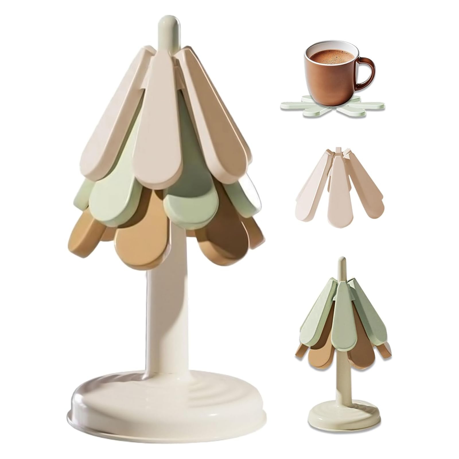 Sottopentola in silicone per piatti caldi, a forma di albero, antiscivolo, resistente, per pentole calde, padelle, ciotole e teiere, decorazione incontra la funzionalità (3 sottopentola + 1 supporto)