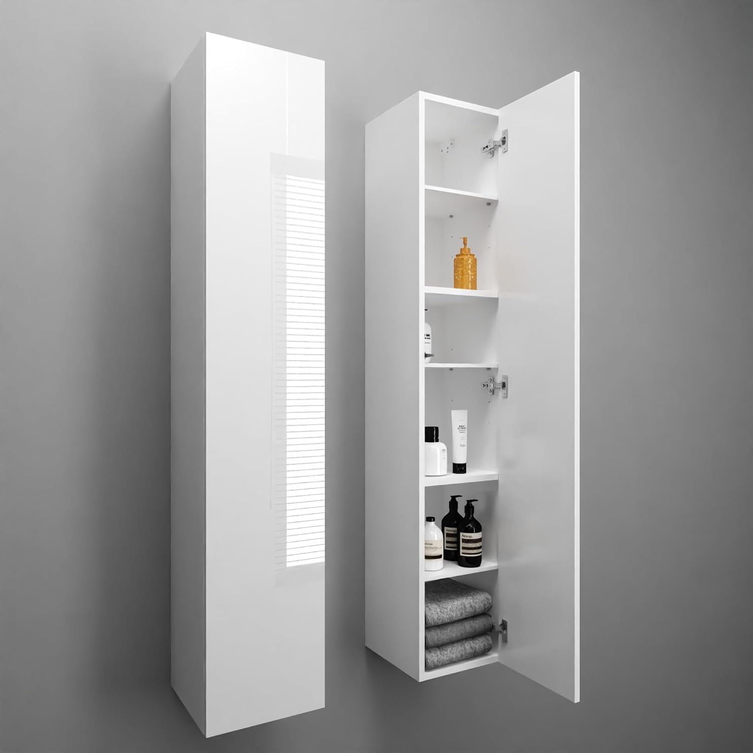 Armoire de Salle de Bain - Meuble Mural Pliable - Ouverture télescopique - Porte à Droite/Gauche - Blanc Mat/Blanc Brillant - Dimensions : 160 x 30 x 30 cm