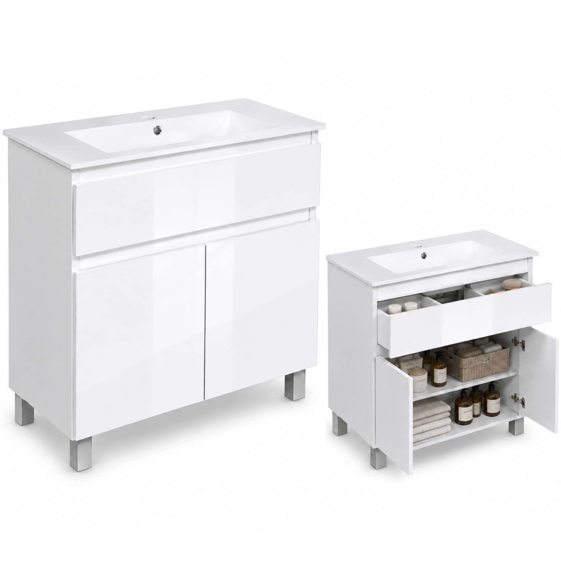 Lavabo ARIZA con mobile largo 80 cm, Lavabo con mobile a 2 ante, Set di mobili da bagno - Bianco opaco/Fronte bianco brillante