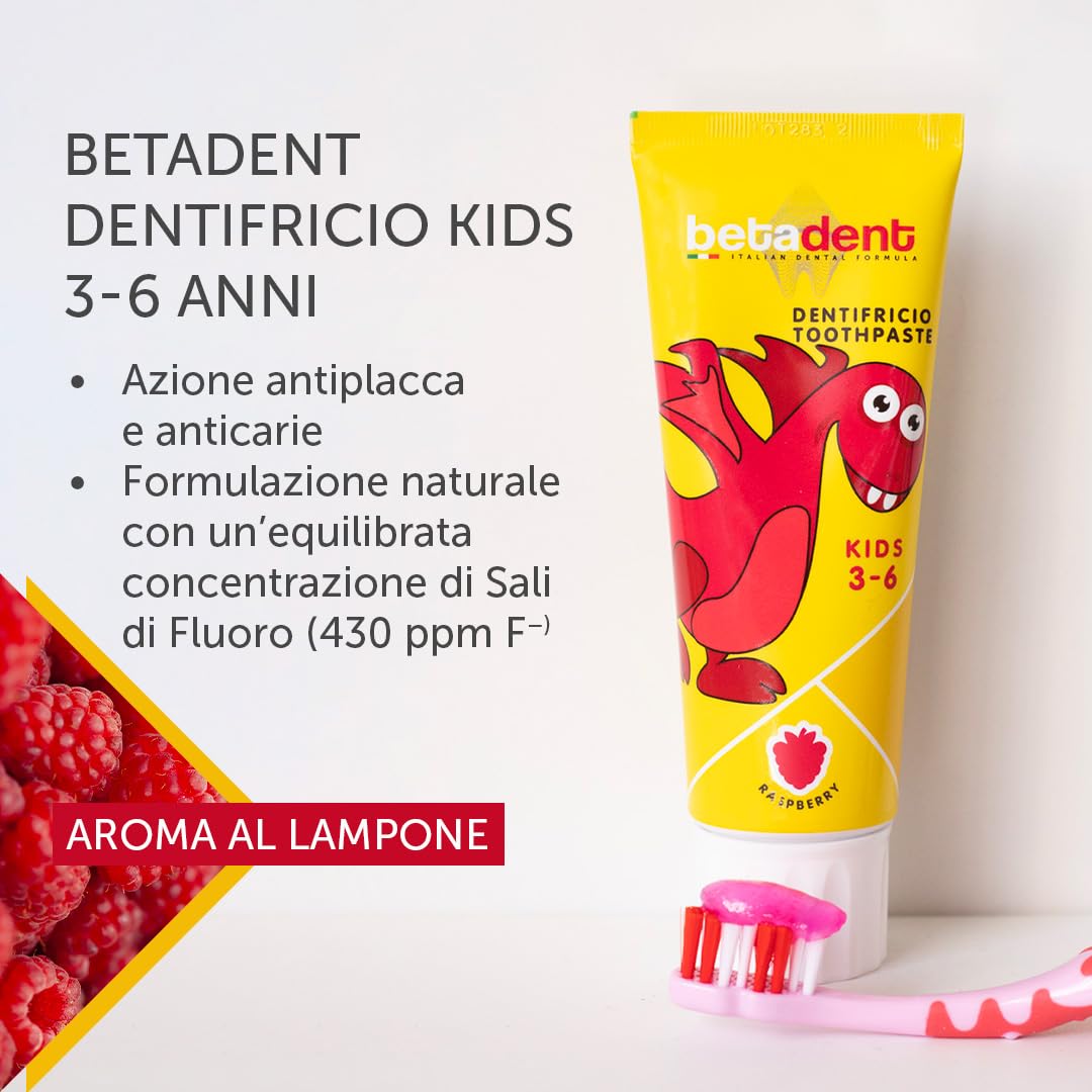 Betadent DENTIFRICIO KIDS per bambini 3-6 anni. Gusto Lampone. Azione anti placca e anti carie. Equilibrato dosaggio di Sali di Fluoro alla concentrazione di 430 ppm F - 75 ml