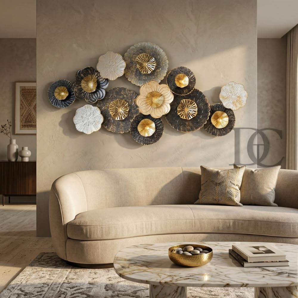 MACODECO 3D Metal Wall Art for Living Room, Large Contemporary Wall Decor, Abstract Floral Wall Hanging, Modern Gold Black White Wall Showpiece for Sofa Back Wall, Drawing Room, Bedroom, Dining Area-picture-12