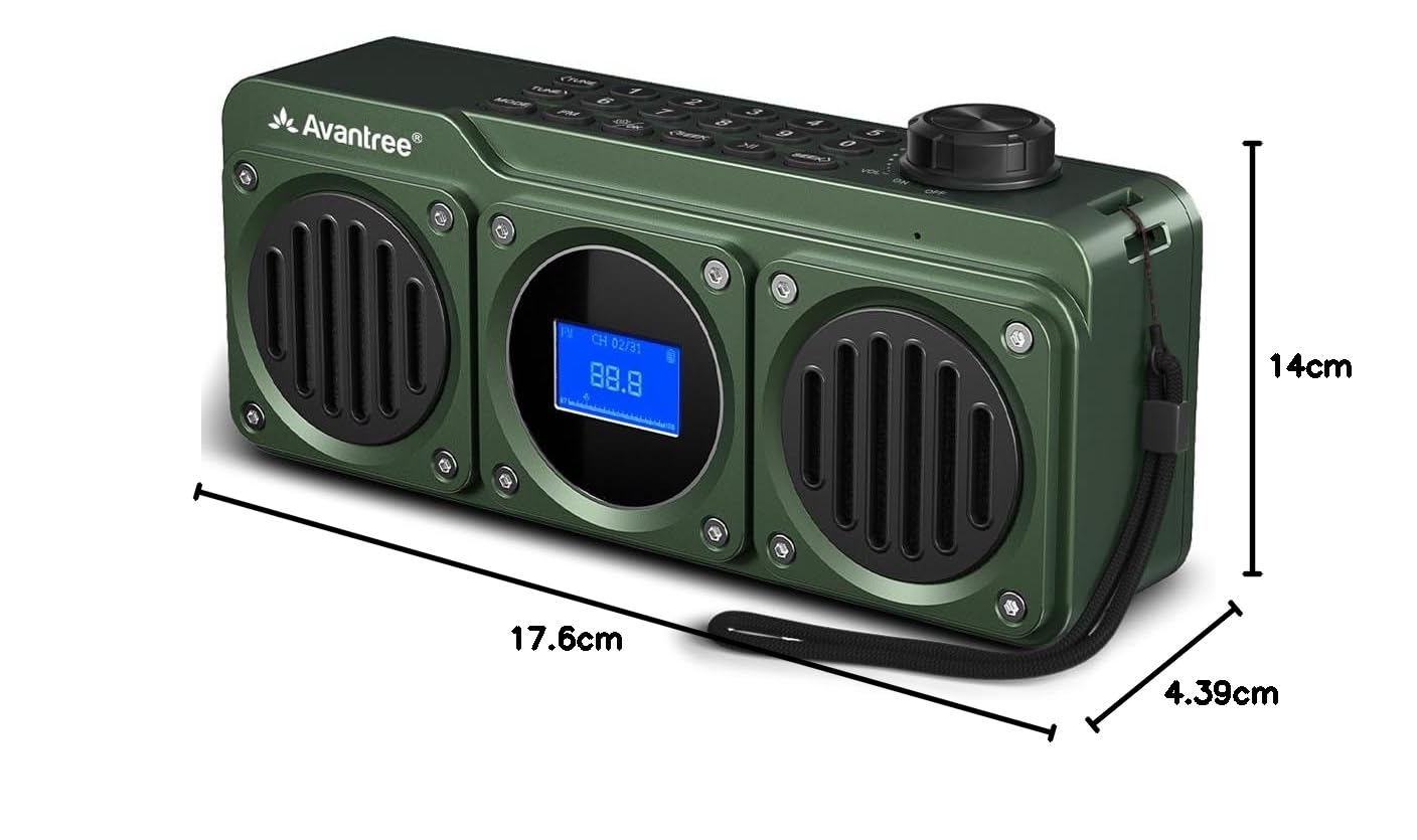 Avantree Boombyte - Przenośne radio FM z głośnikiem Bluetooth, mocny dźwięk, metalowe wykończenie, odtwarzacz MP3, Micro SD i USB audio, długi czas pracy, ładowalne, łatwe w użyciu - Zielony