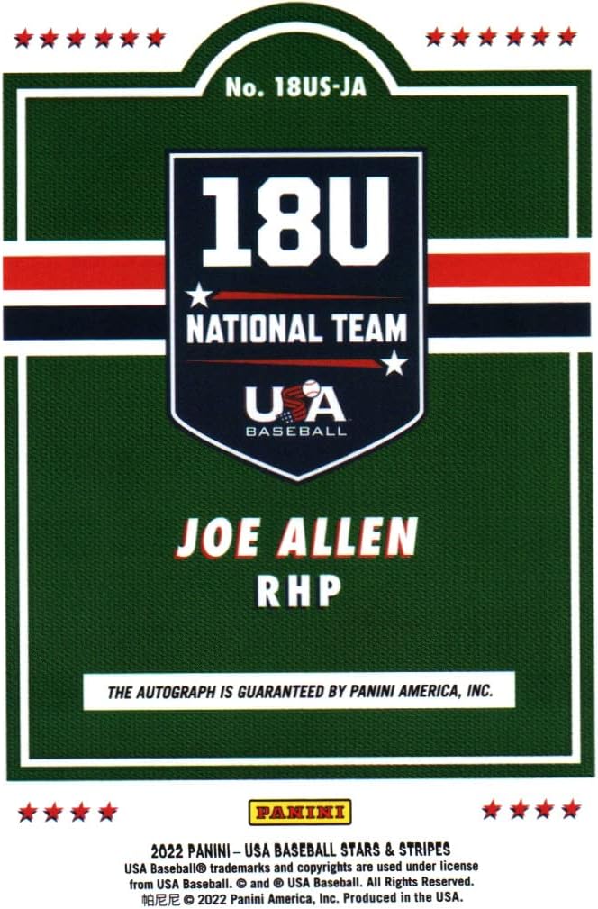 Joe Allen Autographed & Serial Numbered #401/499 Panini Stars & Stripes Collectible Baseball Card - 2022 Panini Stars & Stripes Baseball Card #18US-JA (18U National Team) Free Shipping & Tracking