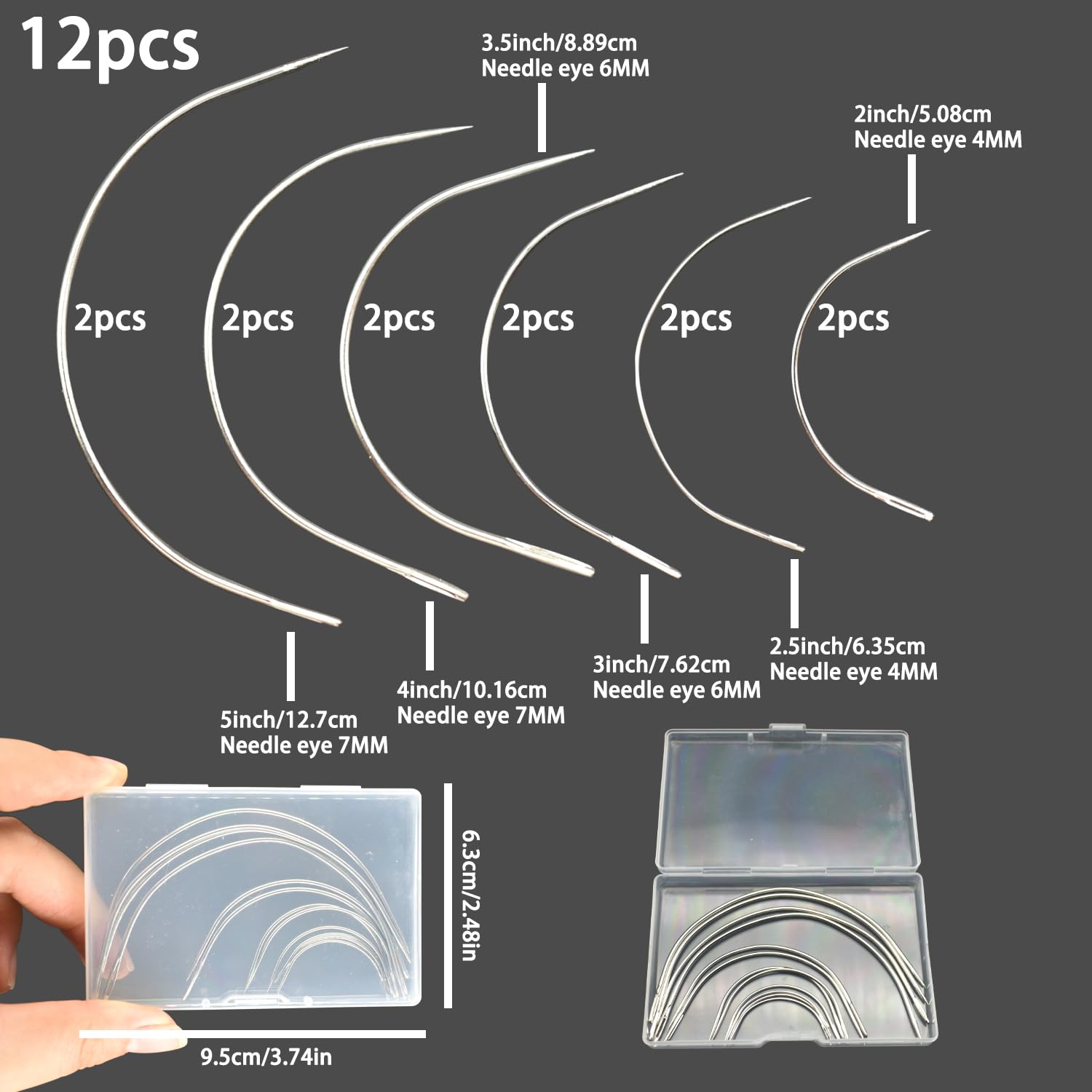 Set 12 Aghi Curvi Per Cucire - Per Pelle, Parrucche E Tessuti Spessi, 6 Misure Diverse Con Scatola