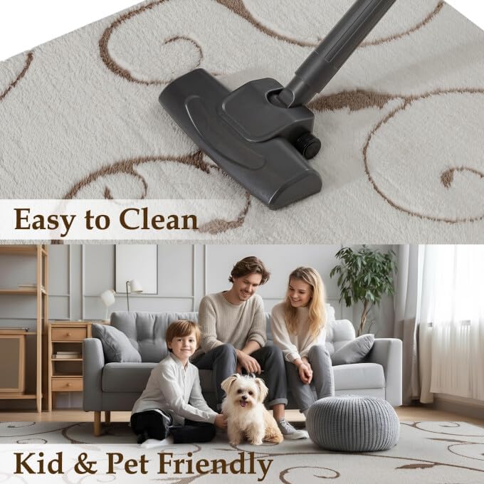Washable Neutral Area Rug 8x10 Beige Soft Shag Rugs for Living Room Modern Boho High Pile Non-Shedding Throw Rugs Non Slip Indoor Office Carpet for Playroom Bedroom Home Aesthetic Decor