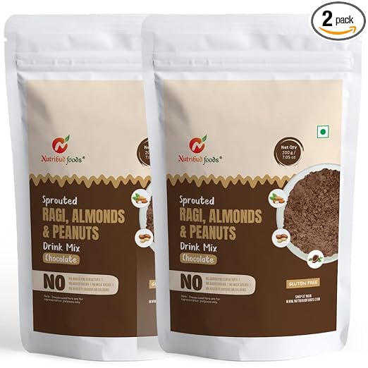 Nutribud Foods Sprouted Ragi, Almonds & Peanuts Drink Mix (Chocolate) -- Natural Ingredients | Gluten Free | Suitable For All, Best For Pregnant Women & Growing Kids | Chocolate Health Drink Mix (Pack of 2 * 200g)